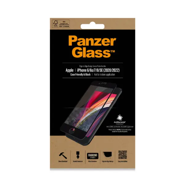PanzerGlass Apple iPhone 6:6s:7:8:SE (2020):SE (2022) - Black Case Friendly - Anti-Bacterial - MicroFracture+ 2
